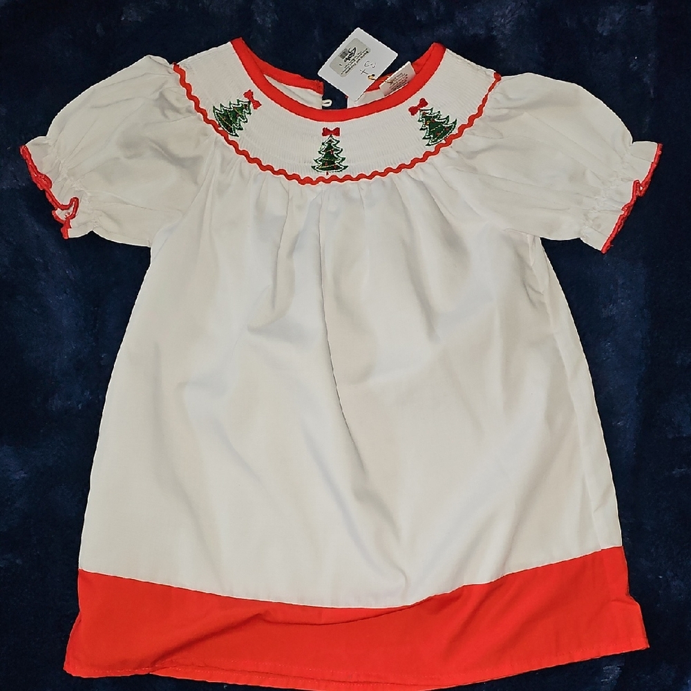 White and Red Holiday Dress with Tree Embroidery, Christmas